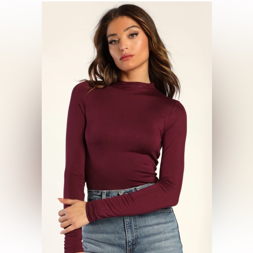 Lulus Fashionable Flair Plum Purple Long Sleeve Funnel Neck Bodysuit, Sz Medium